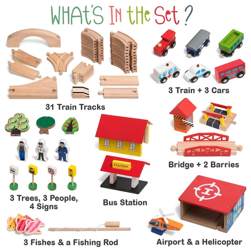 KipiPol Wooden Train Set - 69 Pieces Wooden Train Tracks & Trains for Kids, Toddler Boys and Girls 3,4,5 Years Old and Upâ€“ Premium Wood Construction Toys -Fits Thomas, Brio, IKEA, Melissa and Doug - Image 2